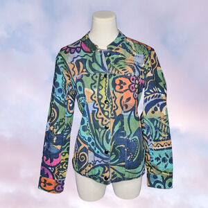 Vintage Winter Sun abstract Tye Dye Denim Jacket Colorful Artsy Boho Indie Sz S